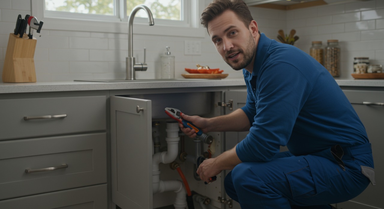 Plumber repairing kitchen sink