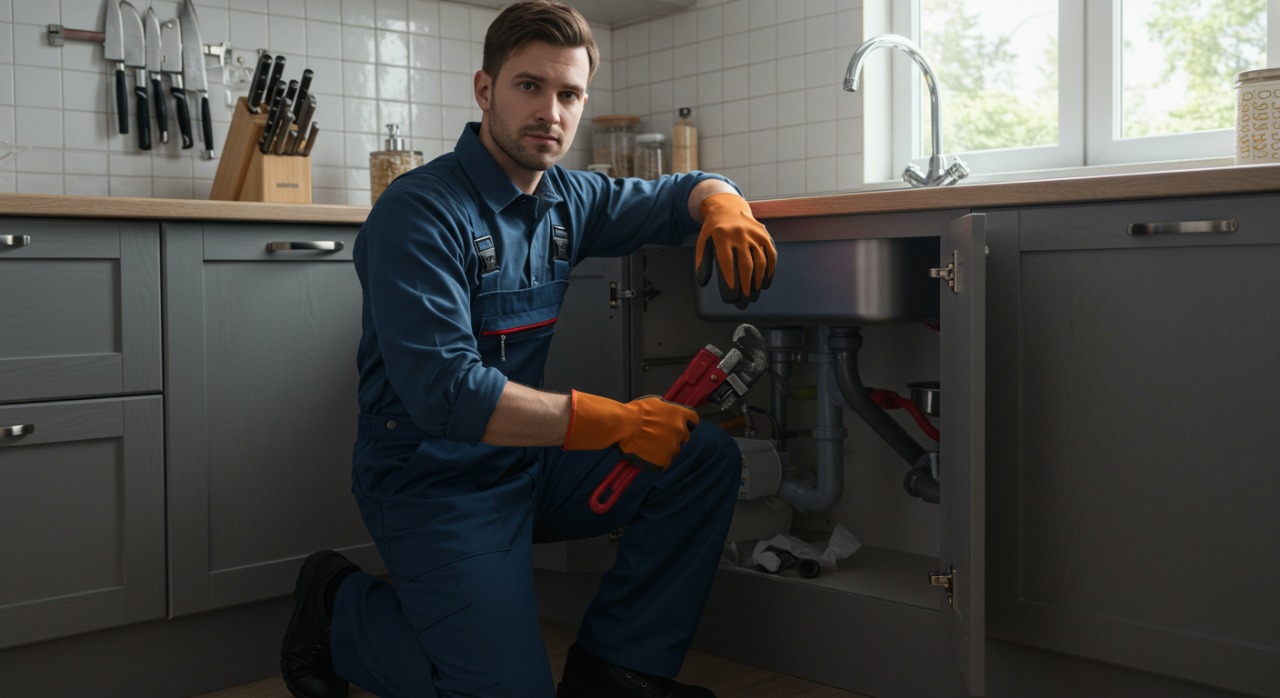 Plumber working under sink